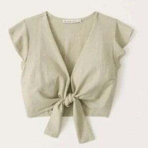 Abercrombie & Fitch Tie-Front Linen Blend Ruffle Sleeve Top